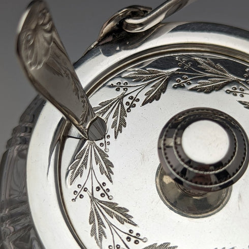 英國古董切割玻璃果醬罐銀盤蓋帶勺子